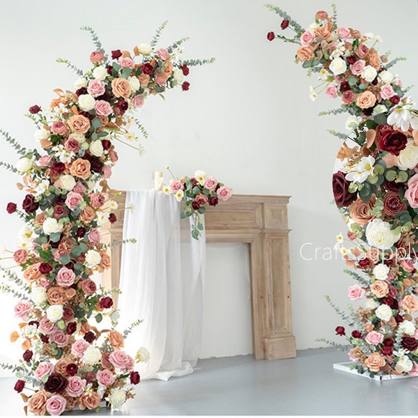 Terracotta,Burgundy,Blush Rose Leaf Wedding Archway Flower,Flower Row Arrrangement Wedding Pillar Flowers,Party Stage Decor Flower Horn Arch
