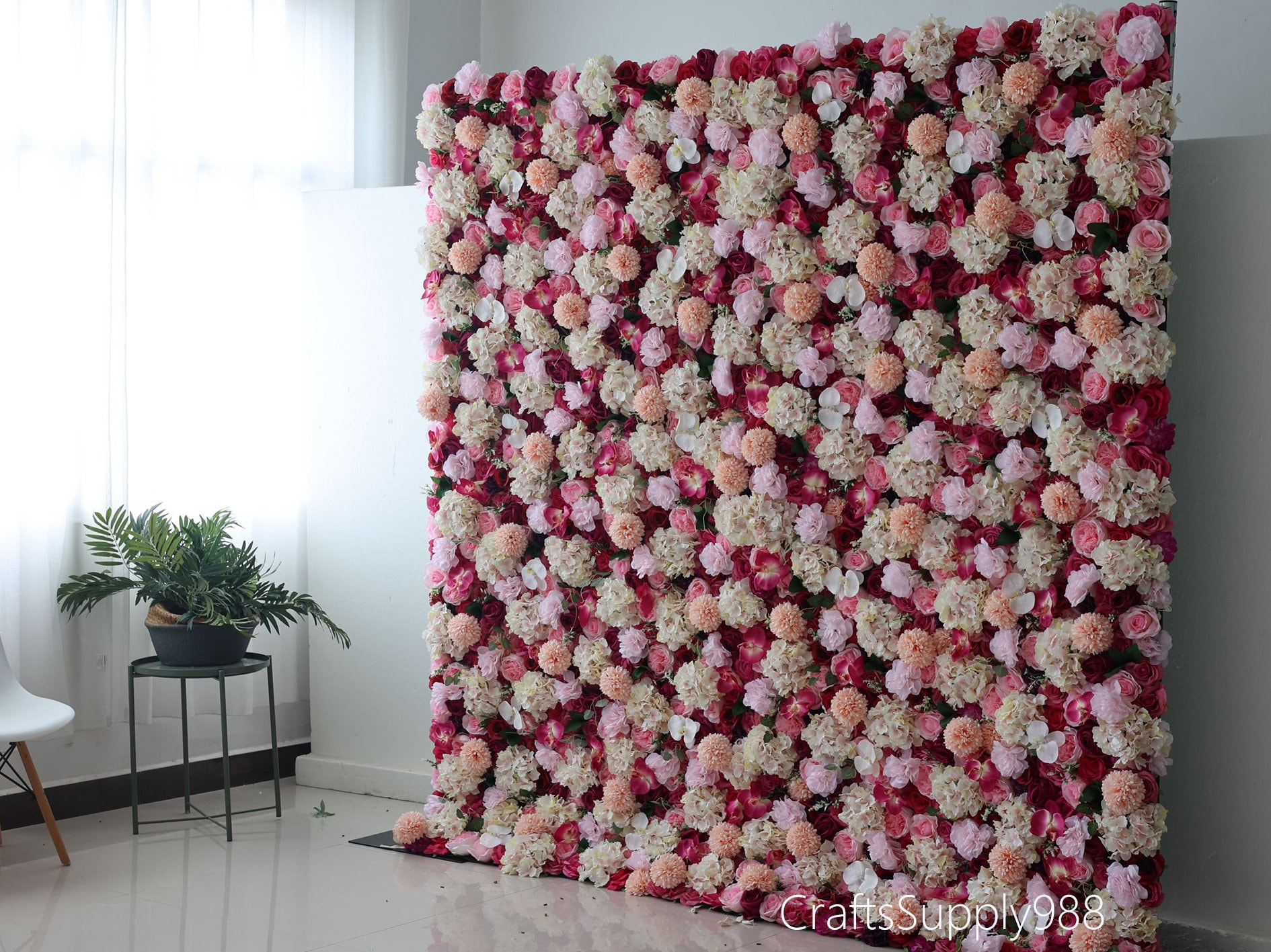 5D Plastic Grid Artificial Flower Wall Vibrant Rose Chrysanthemum