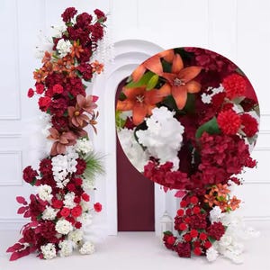Red Rose Hydrangea Wedding Archway Flower,Red Flower Row Arrrangement Wedding Backdrop Pillar Flowers,Rose Leaf Flower Arch,Party Home Decor