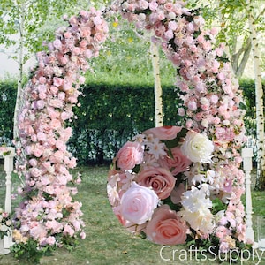 Bulsh Pink Rose White Babysbreath Wedding Arch Artificial Floral Row,Flower Row Arrrangement Wedding Party Stage Home Decor Flower Horn Arch