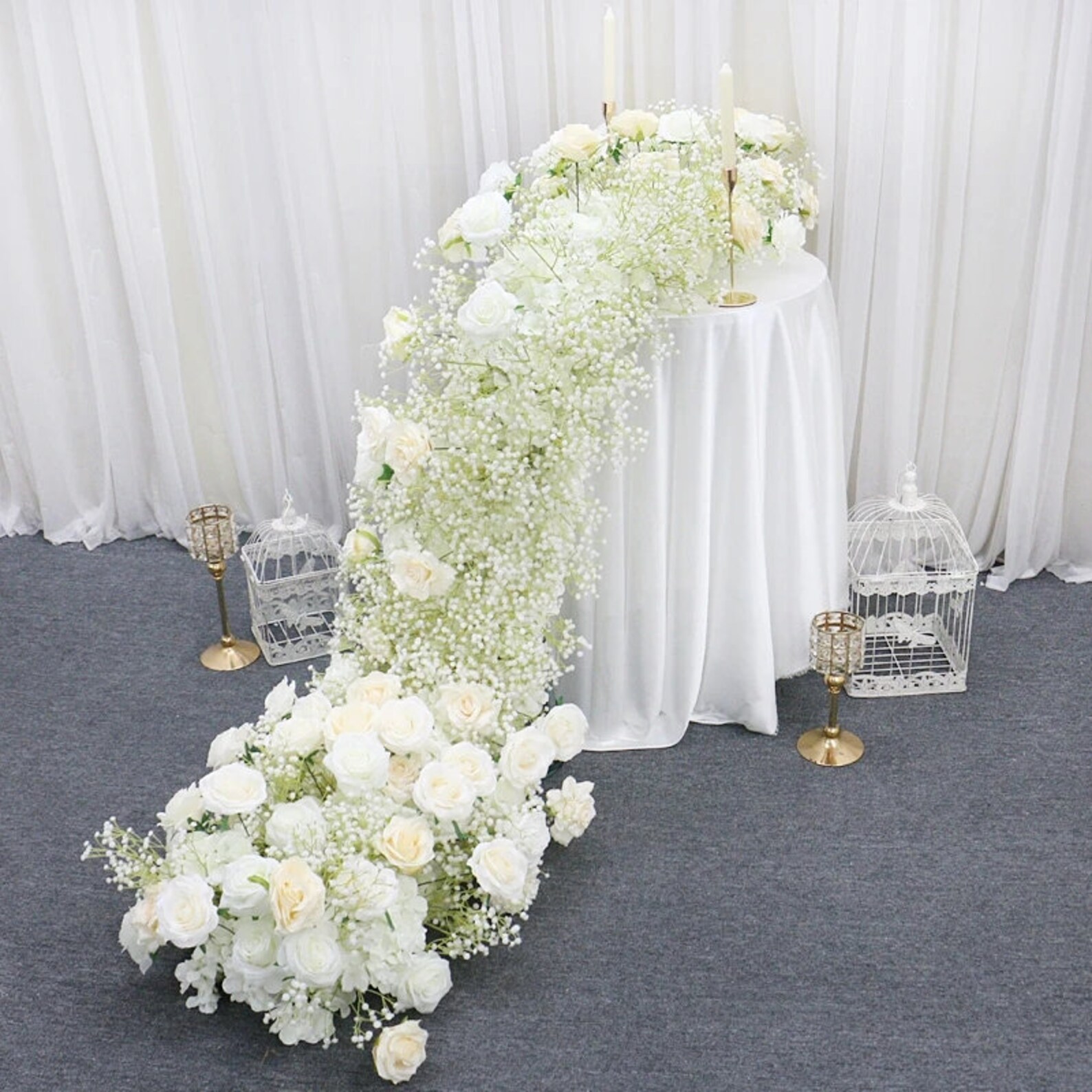 Ivory Rose White Gypsophila Baby's Breath Table Runner Flower Row ...