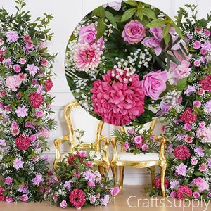 Purple Rose Hot Pink Babysbreath Greenery Artificial Floral Row,Flower Row Arrrangement Wedding Pillar Flower,Party Decor Flower Horn Arch