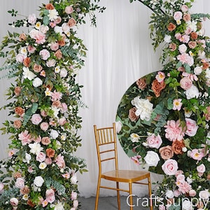 Coffee Pink Rose Flower Green Willow Leaf 5D Artificial Floral Row Runner,Flower Row Arrrangement Wedding Party Stage Flower Arch Decor