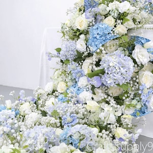 Ivory Rose Babysbreath Blue Table Runner Artificial Flower Row,Wedding Table Centeriece,Wedding Flower Row,Wedding Party DIY Backdrop Deccor
