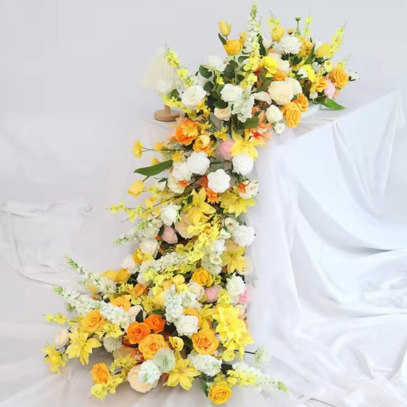 5D Yellow Orange White Ivory Table Runner Artificial Flower Row