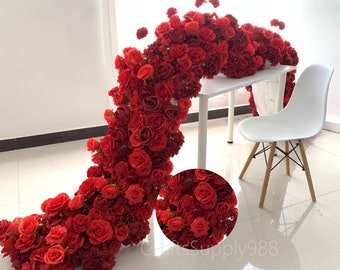 Bourgondische Rose kunstmatige bloem rij, bruiloft achtergrond, rode roos pioen arrangement boog tafel bloem runner, bloemenslinger, bruiloft tafel bloem