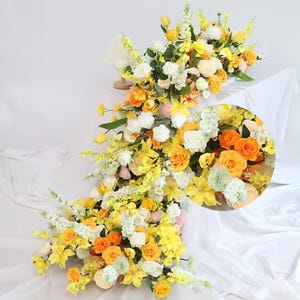 5D Yellow Orange White Ivory Table Runner Artificial Flower Row,Wedding Table Centeriece,Boho Wedding Flower Row Runner,Wedding Party Deccor