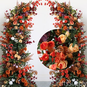 Orange Champagne Rose Greenery Fall Wedding Arch Artificial Floral,Flower Row Arrrangement Wedding Flower,Party Home Decor Flower Horn Arch