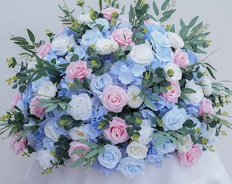 Baby Blue Pink Rose Flower Ball,Eucalyptus Leaf Flower Table Runner,Wedding Floral Table Centerpieces Custom Floral Ball Party Stage Decor