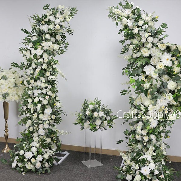 Wedding Arch White Rose And Eucalyptus Artificial Floral,Flower Row Arrrangement Wedding Pillar Flower,Arbour Flowers,Party Wedding backdrop