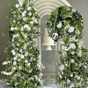 Green Leaves White Rose 5D Artificial Floral Arch Row,Flower Row Arrrangement Outdoor Wedding Pillar Flower,Party Decor Flower Horn Arch