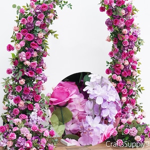 Wedding Arch Fuchsia Pink Green Leaf Artificial Floral,Flower Row Arrrangement Wedding Pillar Flower,Party Stage Home Decor Flower Horn Arch