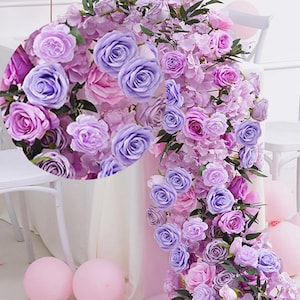 Luxury purple Rose Hydrangea Table Runner Artificial Flower Row,Wedding Table Centeriece,Wedding Flower Row,5D Wedding Party Backdrop Deccor