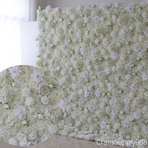Sfondo da parete con fiori artificiali in 3D con rose bianche per matrimoni, saloni, eventi, feste, feste, addio al nubilato, pannelli floreali, decorazioni fotografiche