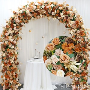 Nebbia arancione bruciata Erba Foglia di salice Arco floreale artificiale, Disposizione di file di fiori Decorazioni per matrimoni retrò all'aperto, Sfondo per eventi di feste