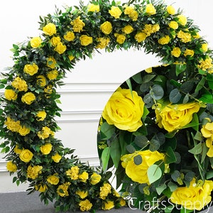 Yellow Rose Hydrangea Eucalyptus Leaf Artificial Floral Row Round Arch,Circle Flower Row Arrrangement Wedding Decor,Party Wedding backdrop