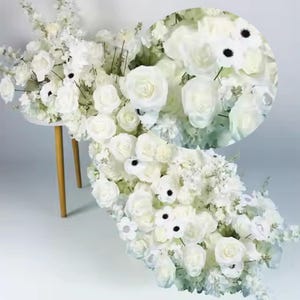 Camino de mesa con hortensias de rosas blancas, centro de mesa para bodas, camino de boda con flores blancas 5D, decoración para fiesta de despedida de soltera