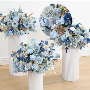 Gold Leaf Haze Blue Peony And Eucalyptus Artificial Flower Ball,Flower Table Runner,Wedding Floral Table Centerpiece Floral Ball Party Decor