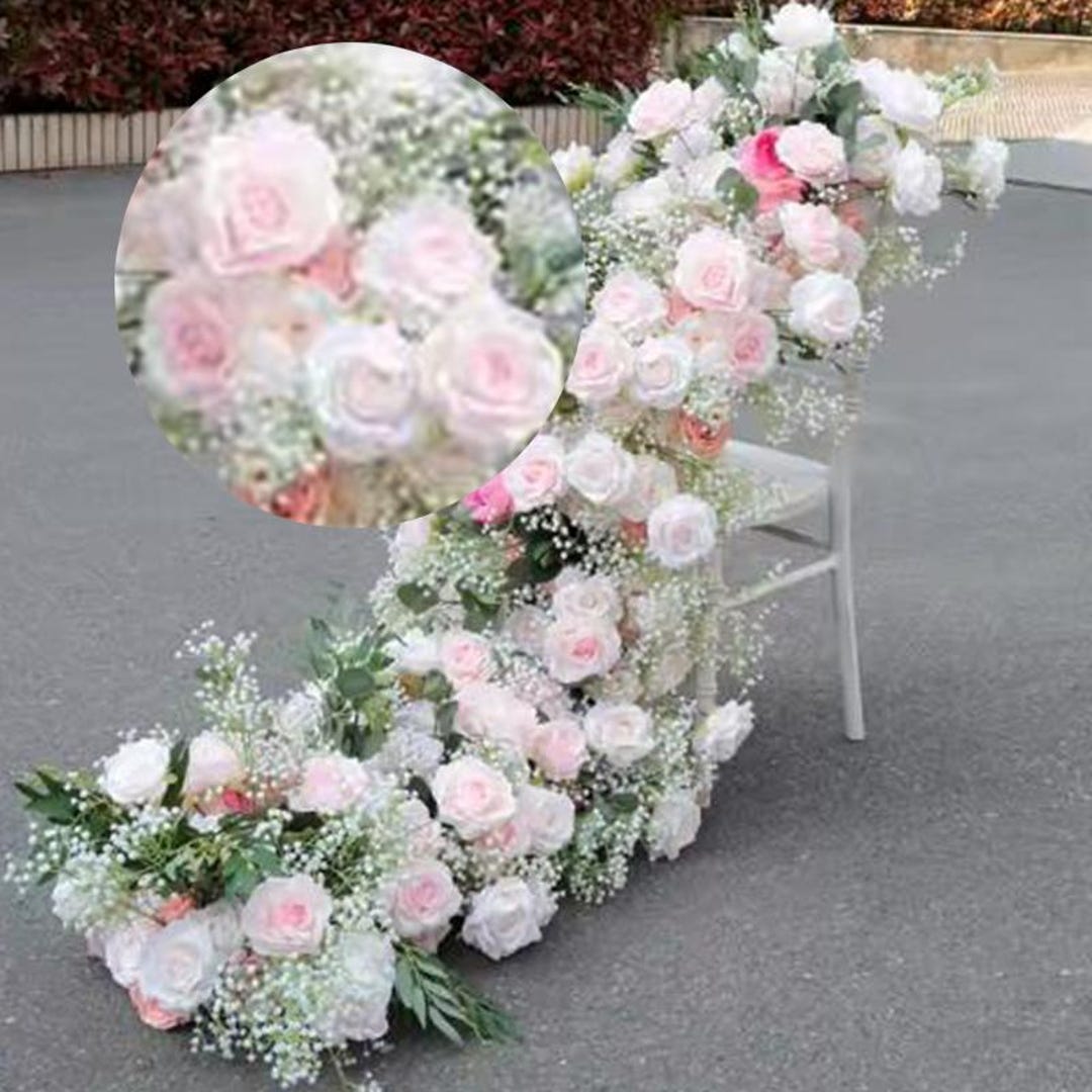 White Rose Baby's Breath Long Table Foral Runner Flower Row,wedding ...