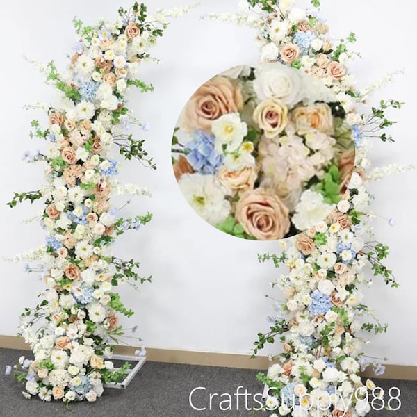 Wedding Arch Champagne Blush White 5D Artificial Floral,White Blue Flower Row Arrrangement Wedding Flower,Party Home Decor Flower Horn Arch