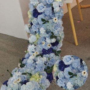 Light Blue Flower Row,Royal Blue Custom Artificial Floor flower row,Silk Flowers Wedding Reception Stage Backdrop Wall Decor Birthday Decor