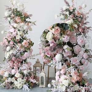 White Pink Blush Rose Boho Wedding Arch Artificial Floral,Flower Row Arrrangement Wedding Pillar Flower,Arbour Flower,Party Wedding backdrop