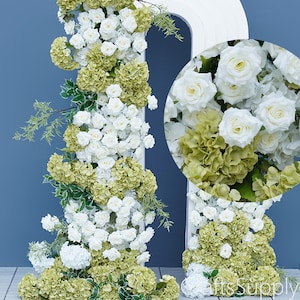 White Green Rose Hydrangea Wedding Archway Artificial Floral Row,Flower Row Arrrangement Wedding Pillar Flower,Party backdrop,Arbour Flower