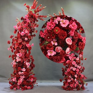 Red Hot Pink Artificial Floral Wedding Arch,Romantic Flower Row Arrrangement Wedding Pillar Flowers,Party Stage Home Decor Flower Horn Arch