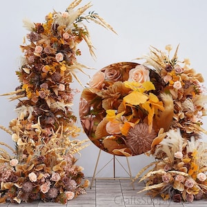 Autumn Wedding Arch Brown,Terracotta,Champagne,Dusty,Orange Floral Horn Arch,Flower Row Arrrangement Wedding Pillar Flower,Party Stage Decor