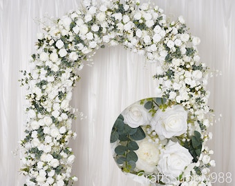 Babysbreath White Rose Eucalyptus Leaf 5D Artificial Floral Row Arch,Flower Row Arrrangement Outdoor Wedding Decor,Party Event Home backdrop