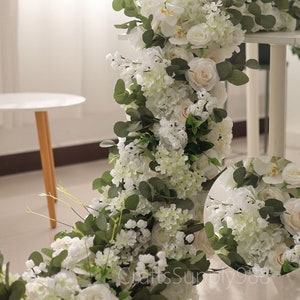 White With Green Leaves Flower Row,Custom Artificial Floor flower row,Silk Flower Wedding Reception Stage Backdrop Birthday Party Home Decor
