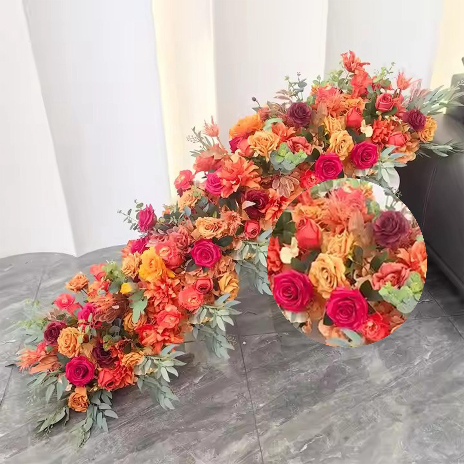 Hot Pink Orange Greenery Table Runner Flower Row,wedding Table