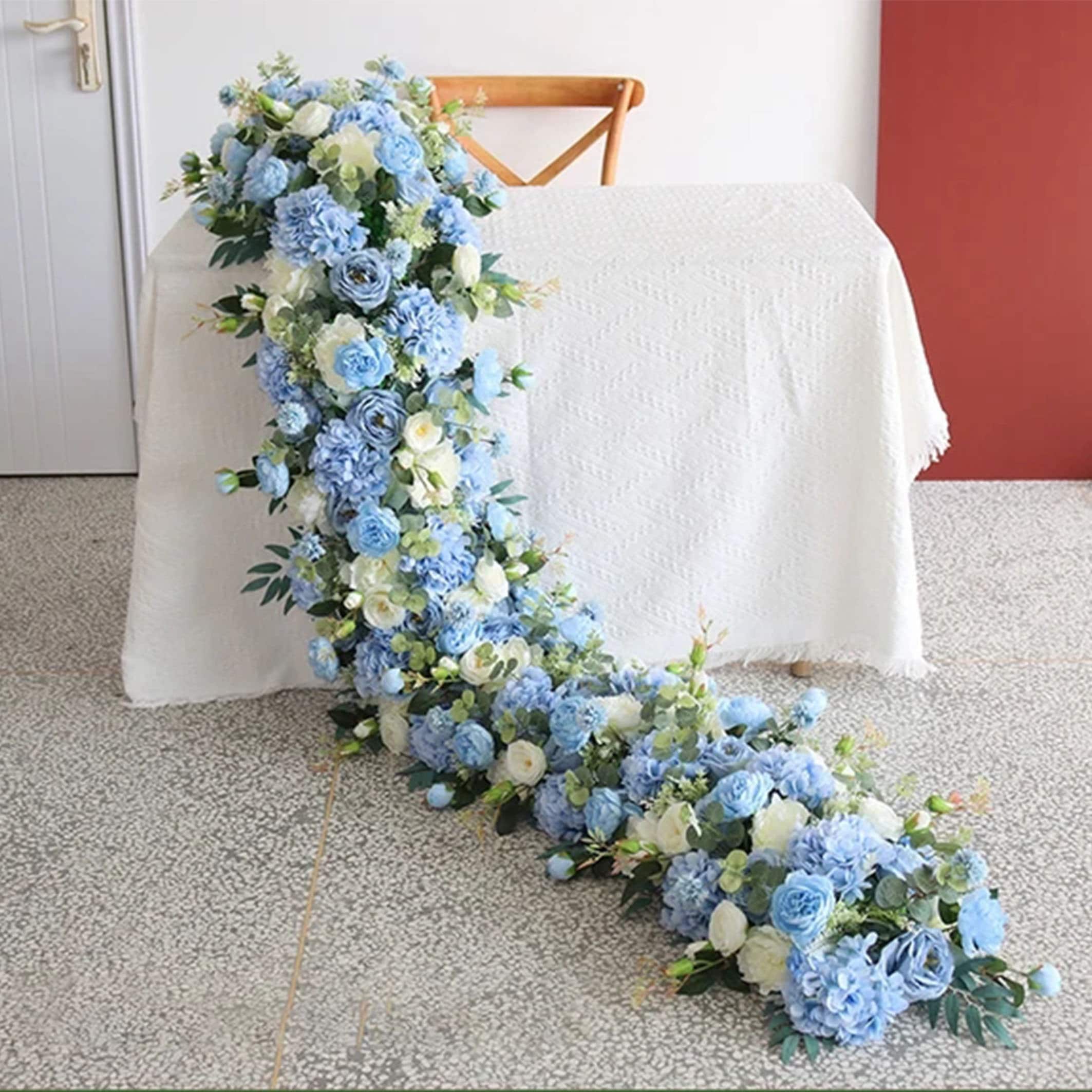 Blue Ivory Rose Hydrangea Greenery Flower Row,table Runner Sofa Floor ...