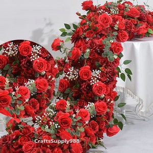 Red Rose Baby&#39;s Breath and Greenery Table Runner Flower Row,Wedding Table Centeriece,Gypsophila Flower Row,Party Wedding Road Cited Flower,