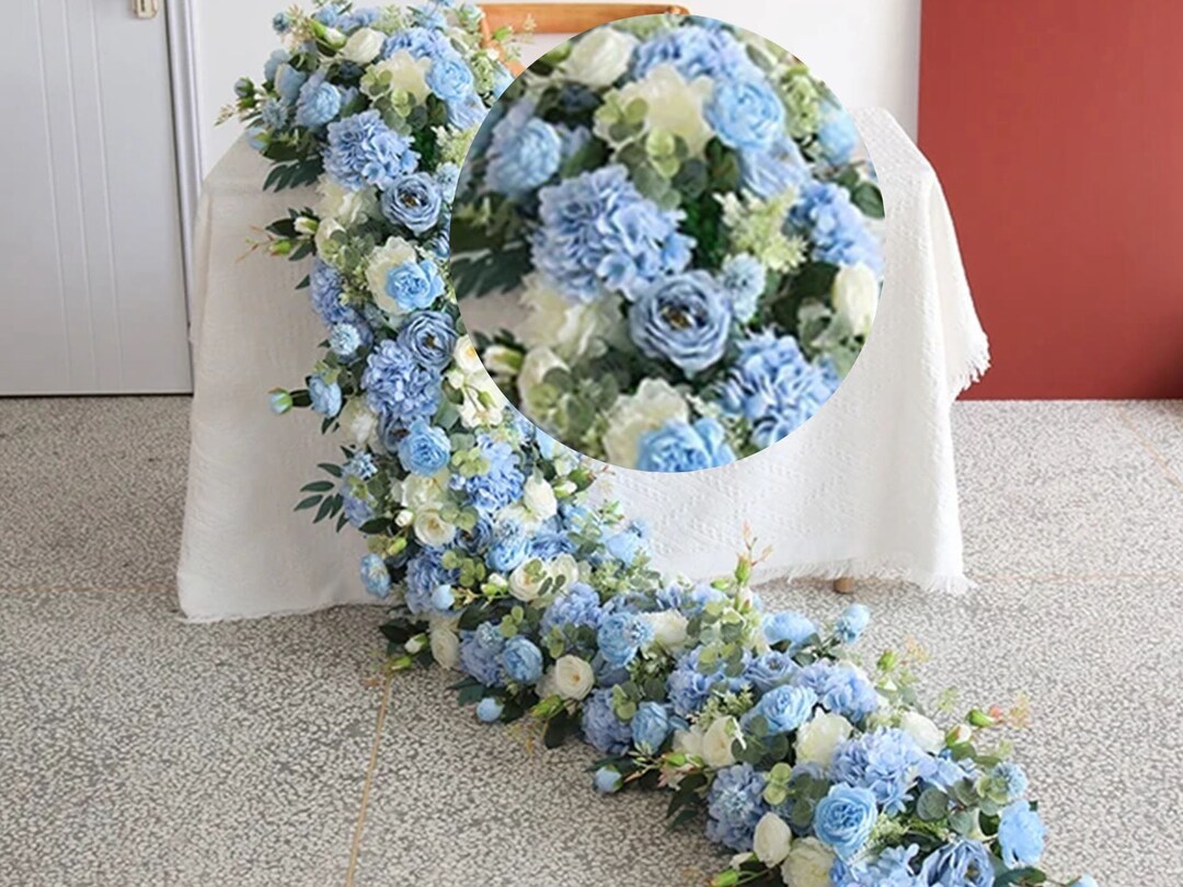 Blue Ivory Rose Hydrangea Greenery Flower Row,table Runner Sofa Floor ...