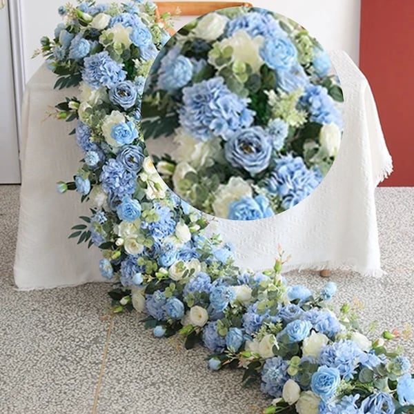 Blue Ivory Rose Hydrangea Greenery Flower Row,Table Runner Sofa Floor Flower Arrangement Wedding Backdrop,Flower Arches,Wedding Table Flower