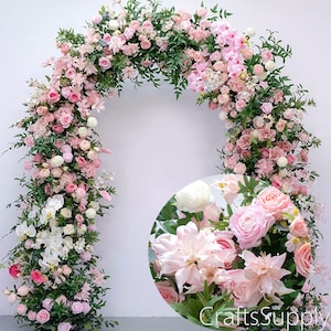 Pink Ivory Rose Greenery 5-D Artificial Floral Row Arch,Round Flower Row Arrrangement Outdoor Wedding Decor,Marriage Party Home backdrop