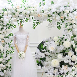 5D White Rose Cherry Blossom Greenery Artificial Floral Row Arch,Flower Row Arrrangement Outdoor Wedding Decor,Party Event Home DIY backdrop