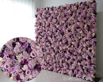 Sfondo di parete di fiori artificiali di rose viola, decorazioni per la casa del negozio di feste di matrimonio, decorazione di bellissimi pannelli floreali viola polverosi, parete di fiori di rose viola