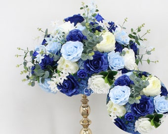 Royal Blue Artificial Flower Ball,Blue Ivory Flower Greenery Table large centrepiece,Wedding Floral Table Centerpiece Mariage Road Lead Prop