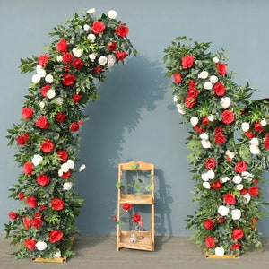 Greenery&Red Wedding Archway Flower,Wedding backdrop,White Rose Flower Row Arrrangement Arch Horn Decor,Party Decor Wedding Pillar Flowers