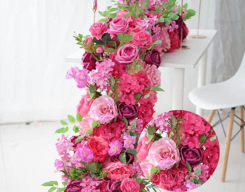 3D Pink Table Runner Artificial Flower Row,fuchsia Floral Arrangement ...