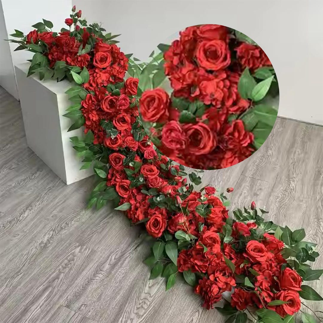 Red Rose Hydrangea Greenery Table Runner Silk Flower Row,wedding Table ...