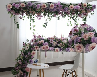 Lavender Purple Flower row,Wedding Arch Flower,Blush Pink Rose Flower Garland,Flower Table Runner,Marriage Party Decor,Silk Flower Runner