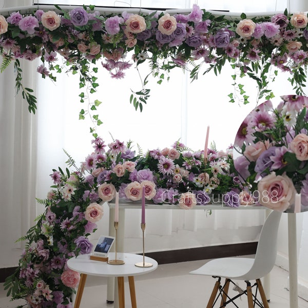 Lavender Purple Flower row,Wedding Arch Flower,Blush Pink Rose Flower Garland,Flower Table Runner,Marriage Party Decor,Silk Flower Runner