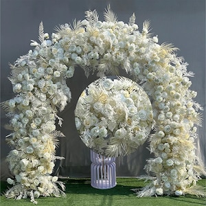 Pure White Rose Orchid Babysbreath Flower Row Arrrangement Wedding Pillar Flower,Wedding Arch Artificial Floral,Party Decor Flower Horn Arch