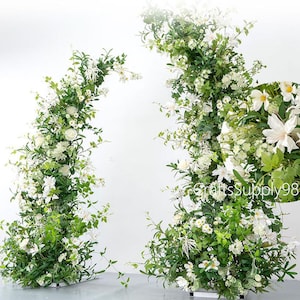 Greenery with White Flower Wedding Archway Flower,Flower Row Arrrangement Wedding Pillar Flowers,Party Stage Marriage Decor Flower Horn Arch