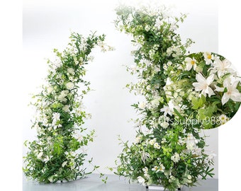 Greenery with White Flower Wedding Archway Flower,Flower Row Arrrangement Wedding Pillar Flowers,Party Stage Marriage Decor Flower Horn Arch