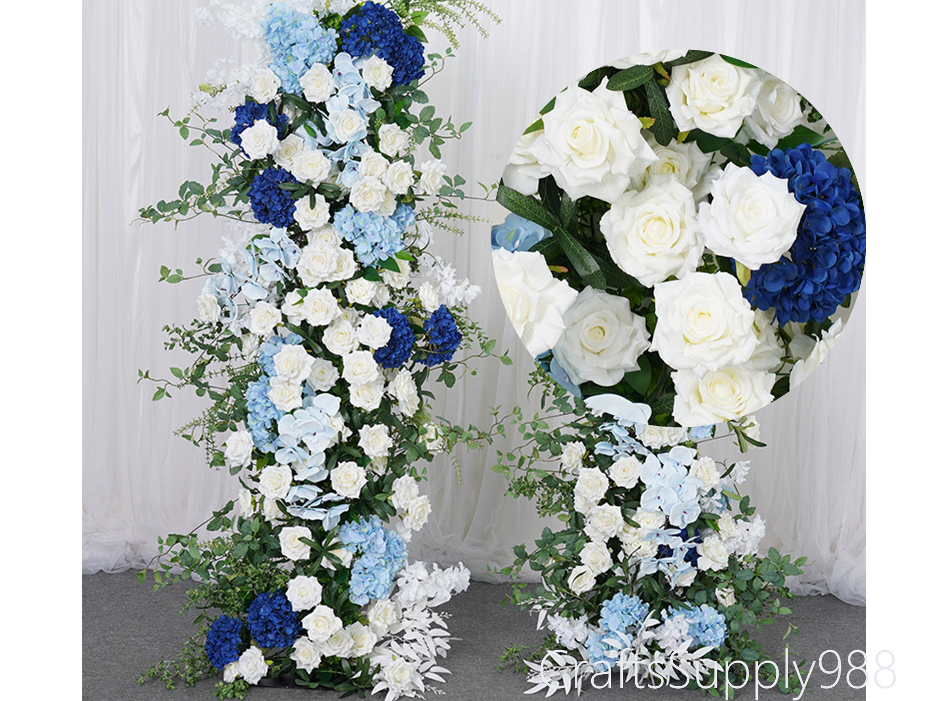 White rose Orchid Royal Blue Hydrangea Green Artificial Floral row,Flower Row Arrrangement Wedding Party Stage Home Decor Flower Horn Arch