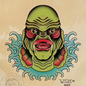 May include: A vintage-style illustration of a creature's head, featuring green skin, red accents, and sharp teeth. The design includes blue water waves and the text "TRADITIONAL HORRORS" and "WEK III 2023".